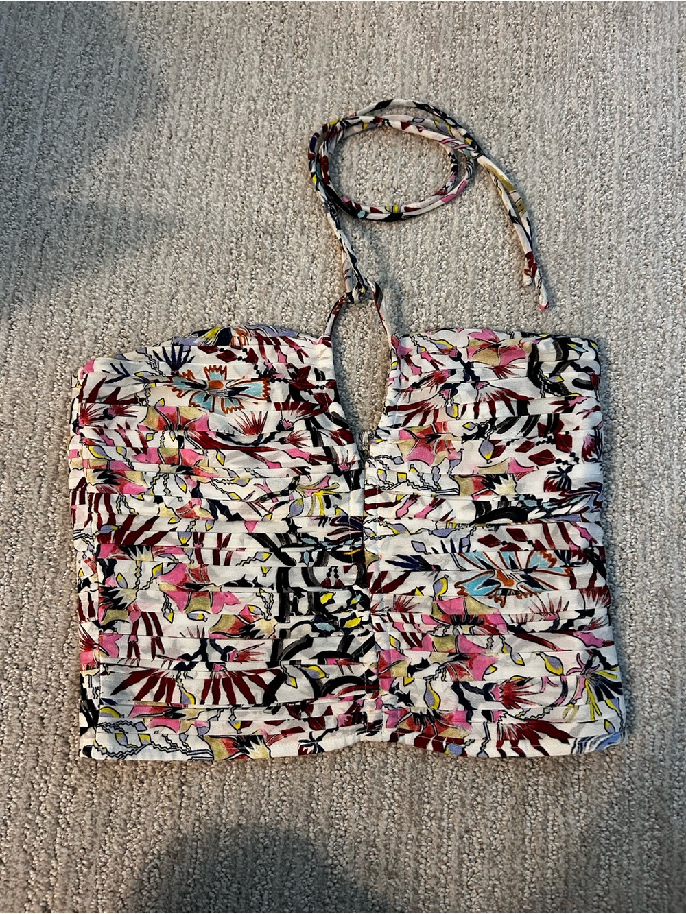 Floral Printed White Strapless Crop Top with Halter Tie